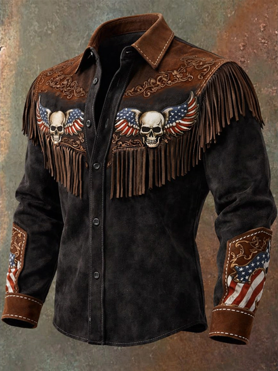 Men's Retro Western Style Skull Print Vintage Tassel Casual Long Sleeve Shirt